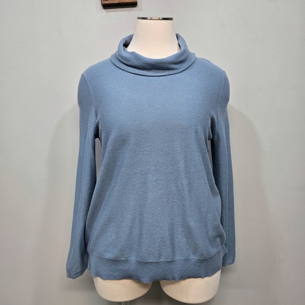 J Jill Cowl Neck Sweater XL Steel Blue Cotton Silk Blend Lightweight Waffle Knit